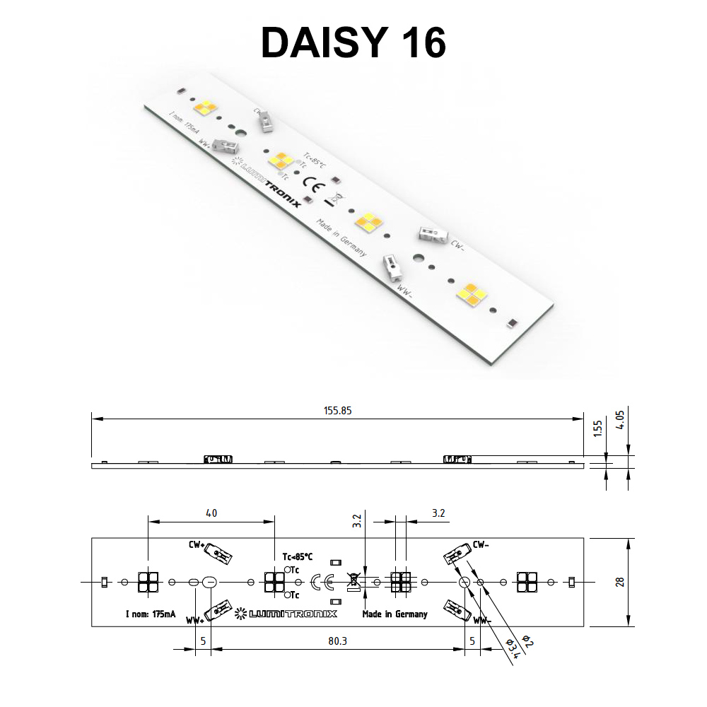 Módulo LED Configurable Nichia LumiBar Daisy Multicolor 2 canales Plug & Play, TW, Dynasolis, Módulo LED Bicolor Zhaga 16, 28, 56 x 2.8cm
