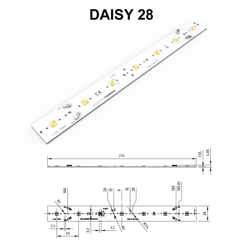 Módulo LED Configurable Nichia LumiBar Daisy Multicolor 2 canales Plug & Play, TW, Dynasolis, Módulo LED Bicolor Zhaga 16, 28, 56 x 2.8cm
