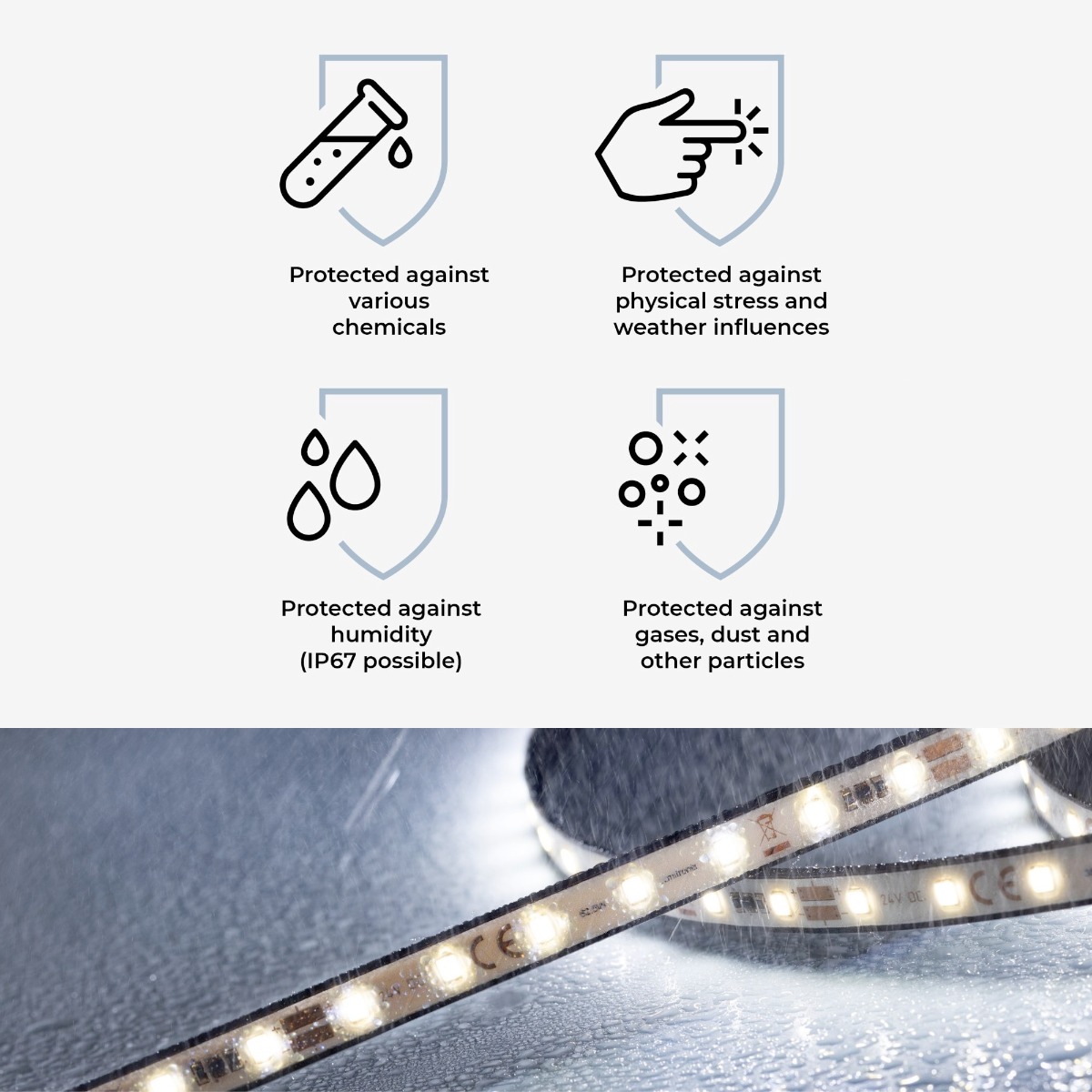 LumProtect IP67 LumiFlex2080 Samsung <t>tira LED</t> blanco cálido CRI80 2700K 6500lm 24V 70 LEDs/m bobina de 5m (1300lm/m y 12,6W/m) 