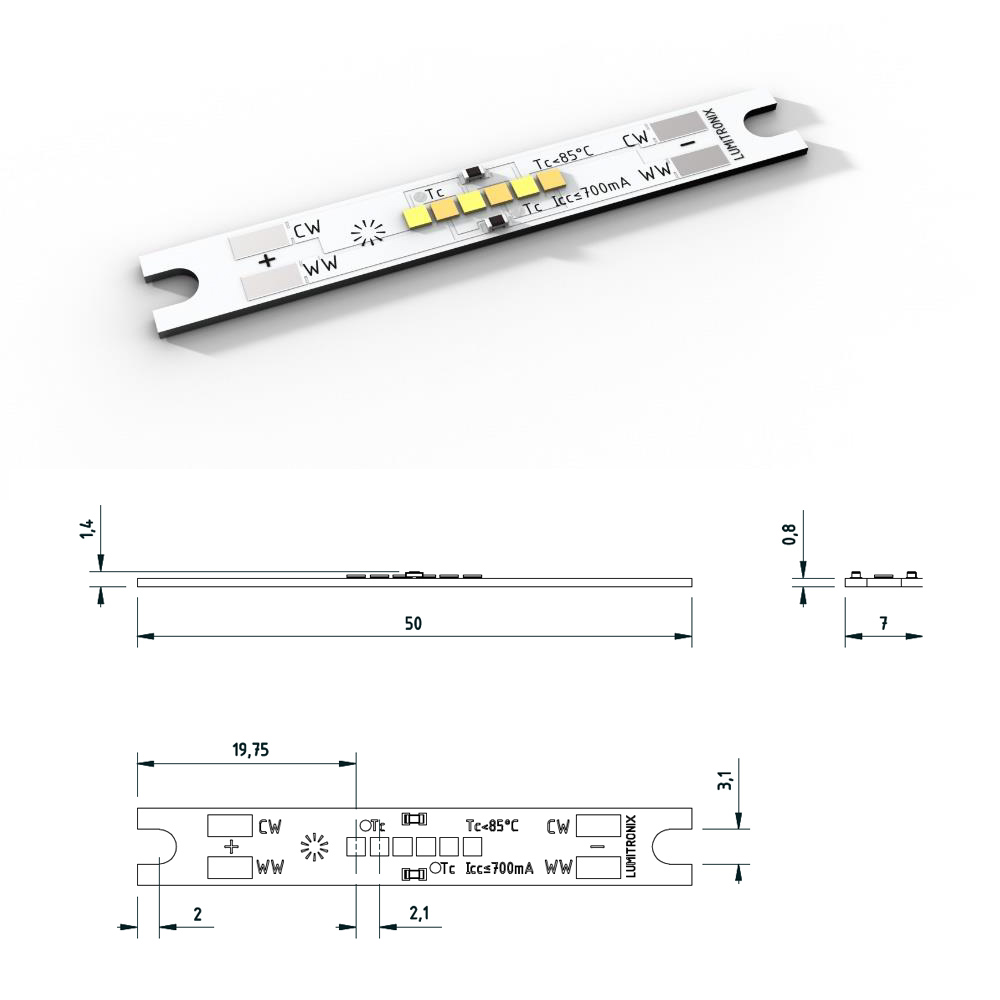 Módulo LED Configurable Nichia CSP SmartArray-L6-TW de 2 canales, TW, Dynasolis, bicolor, 6 LED, 50x7mm (675lm)