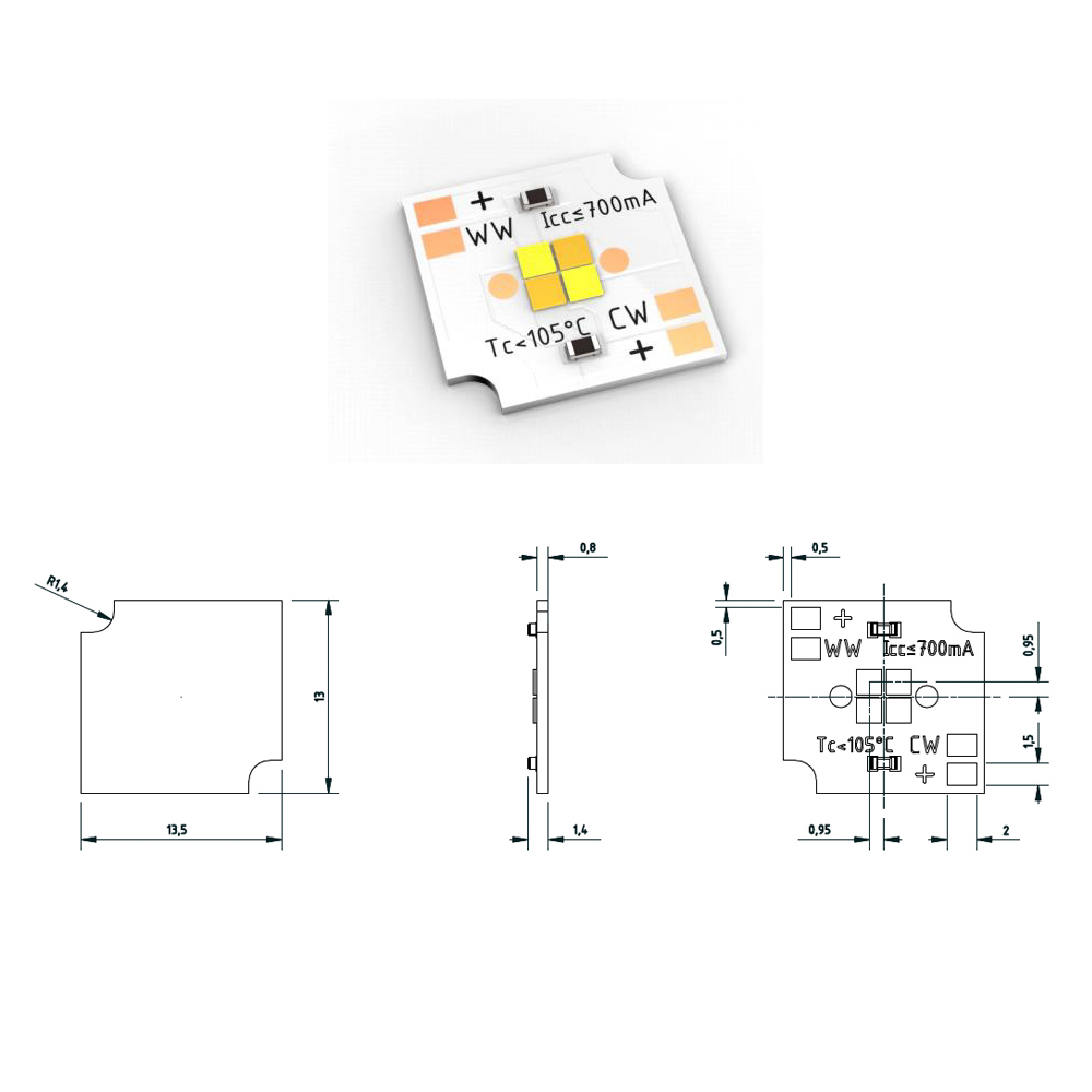 Módulo LED Configurable Nichia CSP SmartArray-Q4-TW de 2 canales, TW, Dynasolis, Dos colores, 4 LEDs, 13x13mm, Made in Germany (450 lm)